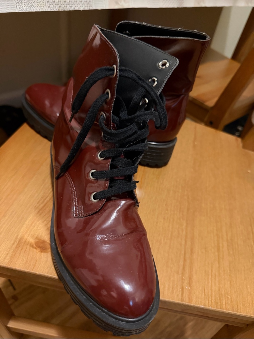 Women’s Lace-Up Patent Combat Boots in Burgundy